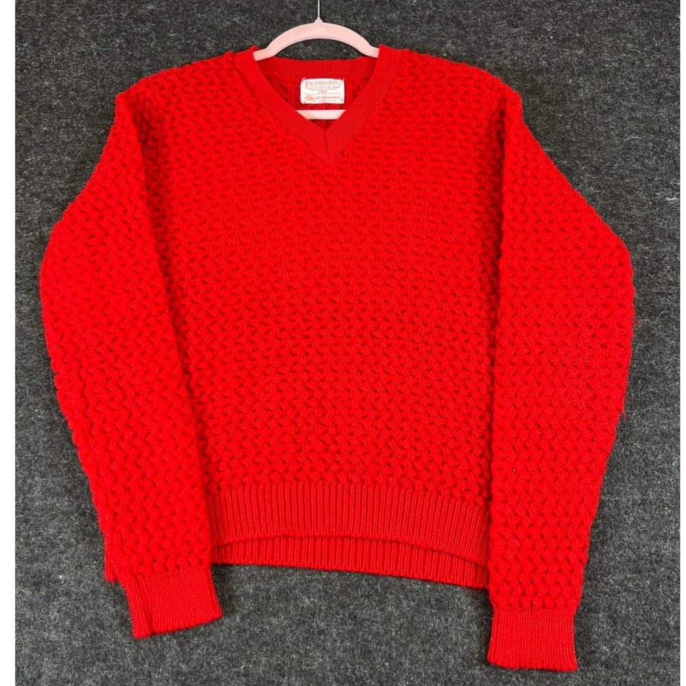 VTG 70s Pendleton Burnt Orange Virgin Wool V-Neck Popcorn Knit Sweater Mens 40
